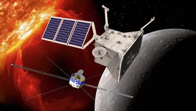 The image shows an artists impression of the BepiColombo space crafts MPO and MMP with Mercury and the Sun in the background.